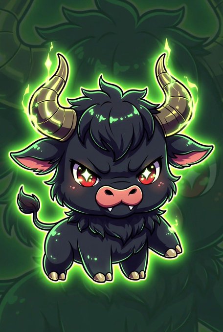 Anime-style illustration of a cute black bull character with golden horns, glowing red eyes, and green energy aura, likely representing 'The Black Bull' meme token.