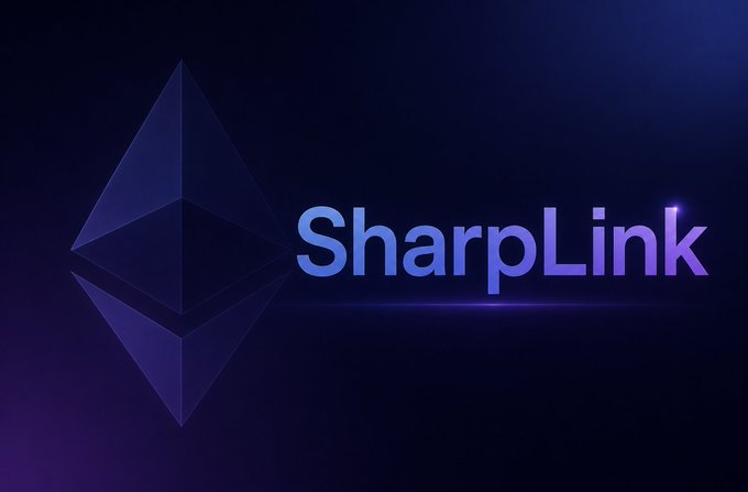 A logo featuring the Ethereum diamond symbol alongside the text 'SharpLink' in blue gradient lettering on a dark purple background.