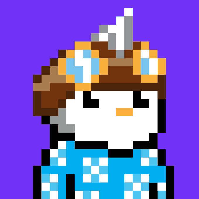 A pixel art illustration of a snowman with a carrot nose, brown hat, and gray earmuffs against a purple background.