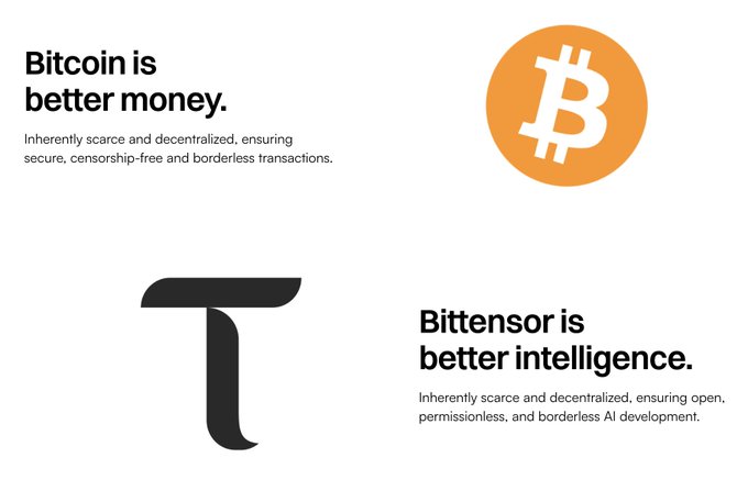 The image features a side-by-side comparison highlighting Bitcoin and Bittensor, with Bitcoin's orange logo and tagline "Bitcoin is better money. Inherently scarce and decentralized, ensuring secure, censorship-free and borderless transactions" on the left, and Bittensor's black "T" logo alongside "Bittensor is better intelligence. Inherently scarce and decentralized, ensuring open, permissionless, and borderless AI development" on the right—visually reinforcing the post's message by drawing a parallel between Bitcoin's monetary innovation and Bittensor's decentralized AI approach.