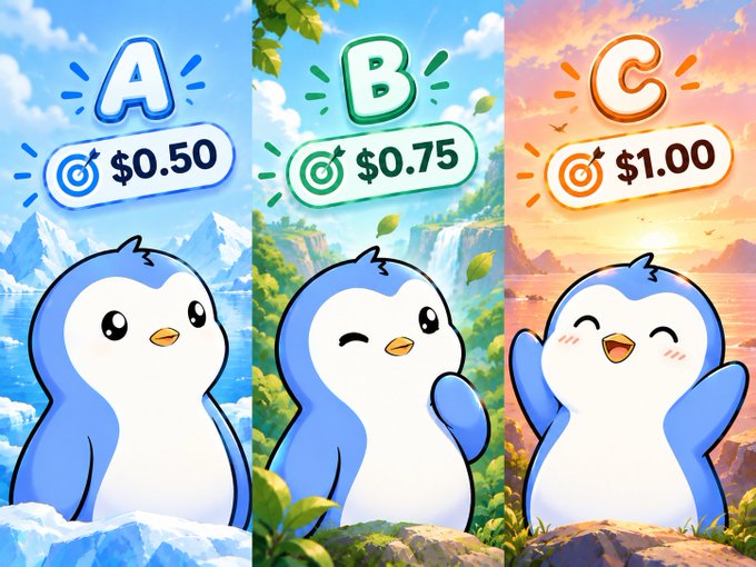 A colorful cartoon-style graphic showing three penguin characters labeled A, B, and C with prices of $0.50, $0.75, and $1.00 respectively, set against different scenic backgrounds.