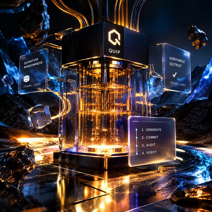 A futuristic 3D render of a quantum computing device labeled "QUIP" featuring glowing golden components, holographic panels reading "QUANTUM RANDOMNESS" and "VERIFIABLE OUTPUT," and a numbered list: 1. GENERATE, 2. COMMIT, 3. AUDIT, 4. VERIFY.