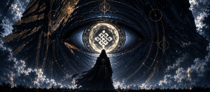 A hooded figure stands before a massive cosmic eye containing an endless knot symbol, evoking a mystical ritual atmosphere that mirrors the announcement of Ritual's tokenomics launch. The dark, ethereal imagery suggests an unfolding ceremony or revelation, fitting the announcement of the project's mainnet token distribution.