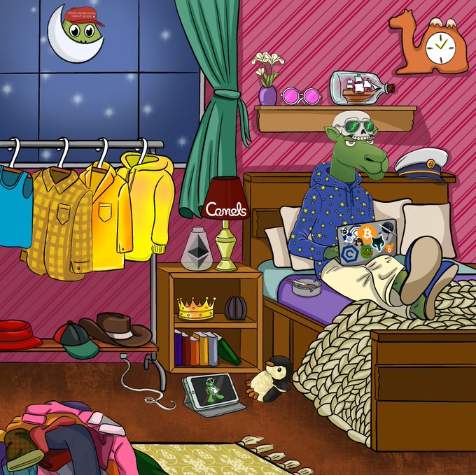 A cartoon illustration of a green anthropomorphic frog wearing sunglasses and a star-patterned hoodie, lounging in bed with a laptop in a bedroom filled with eclectic items including a Crown Royal lamp, clothes on hangers, and a ship-in-a-bottle.