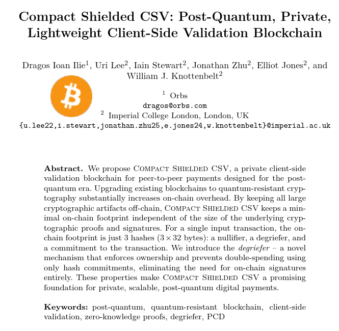 The image shows the title page of an academic paper titled "Compact Shielded CSV: Post-Quantum, Private, Lightweight Client-Side Validation Blockchain" by Dragos Ilie (Orbs) and Uri Lee, Iain Stewart, Jonathan Zhu, Elliot Jones, and William J. Knottenbelt (Imperial College London). The abstract outlines a privacy-preserving blockchain framework that uses minimal on-chain data—just three hashes per transaction—via a novel "degriefer" mechanism to enable post-quantum digital payments, aligning with the post's announcement of a quantum-resistant private transfer framework for Bitcoin that requires no soft fork.