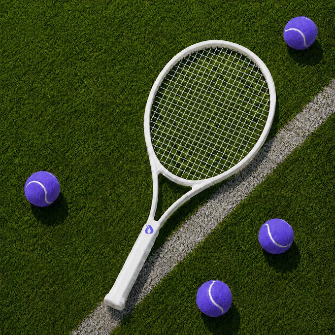 A white tennis racket lies on a grass court next to a white line, surrounded by four purple tennis balls.