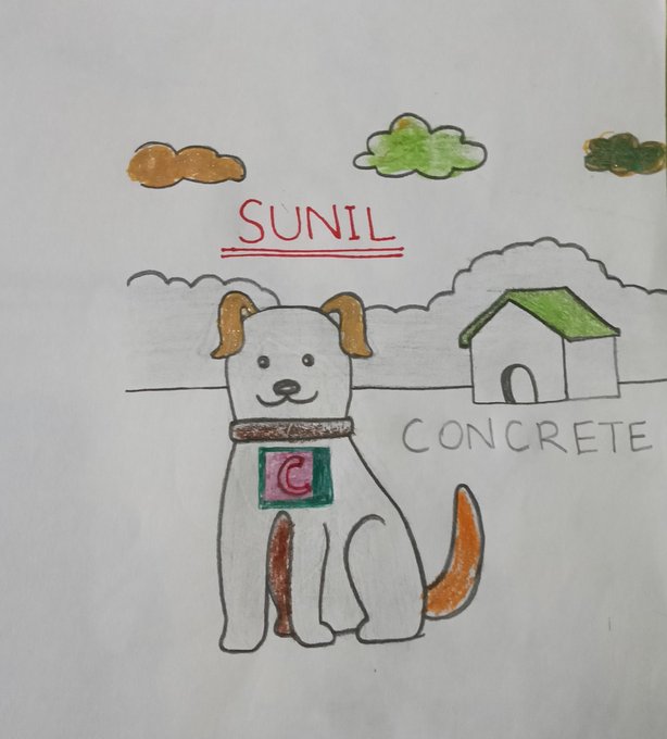 A child's colored drawing of a dog wearing a collar with the letters 'IC', labeled 'SUNIL', with 'CONCRETE' written next to a small house, set against a sky with three colored clouds.