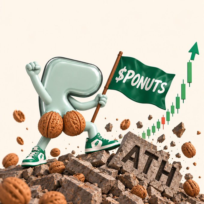 An anthropomorphic letter "P" wearing green sneakers proudly waves a green flag emblazoned with "$PONUTS" while standing atop a crumbling stone block partially spelling "ATH," surrounded by scattered walnuts and a rising green candlestick chart with an upward arrow, visually echoing the post's message of momentum and market growth for the $PONUTS token.