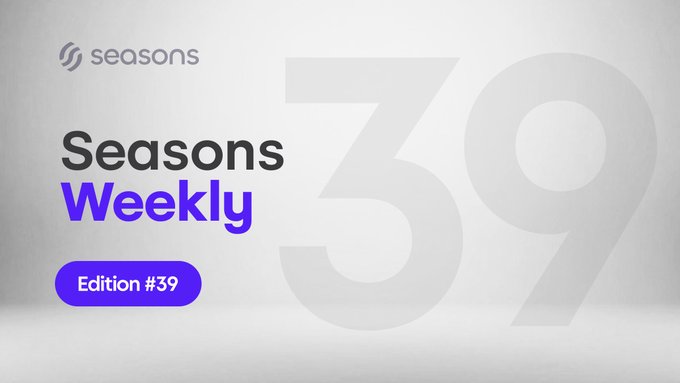 A sleek promotional banner features the "Seasons Weekly" logo alongside a bold purple badge reading "Edition #39," with a faded oversized "39" watermark in the background and the Seasons brand logo in the top-left corner. The design serves as a cover image for the newsletter highlighting that $6,692+ was distributed that week, along with updates on the Scribble DAO bounty, $SEAS token audit, and World Tour Phase II in Germany.