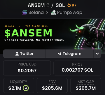 The image shows a PumpSwap trading page for the $ANSEM token on Solana, featuring a black bull logo and the tagline "Charges forward. No matter what," with a current price of $0.2057 (0.002707 SOL) and a market cap of $205.7M. This aligns with the post's bullish sentiment, as the consolidated price action at this level suggests a strong base is forming for a potential breakout higher.