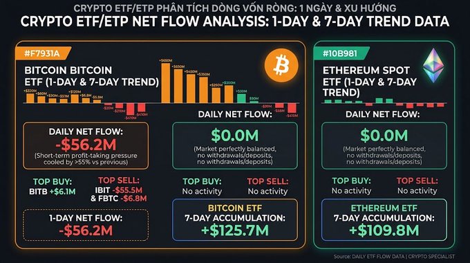 A Crypto ETF/ETP Net Flow Analysis dashboard showing Bitcoin ETF (FBTC) with a daily net flow of -$56.2M and 7-day accumulation of +$125.7M, and Ethereum Spot ETF with a daily net flow of $0.0M and 7-day accumulation of +$109.8M, sourced from Daily ETF Flow Data / Crypto Specialist.