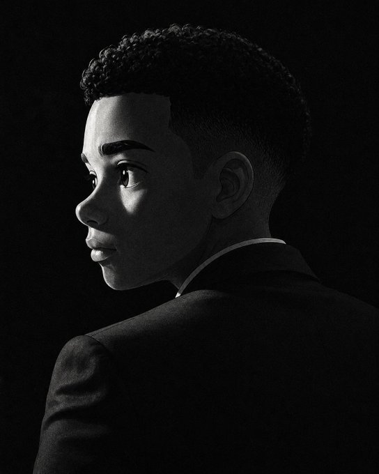 urn of a person with curly hair and a black suit jacket, set against a stark white background.