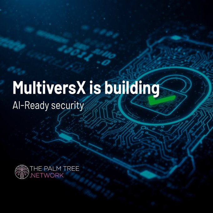 Dark tech-themed graphic reading 'MultiversX is building AI-Ready security' with a glowing padlock icon on a circuit board, branded by The Palm Tree Network.