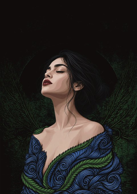 A stylized illustration of a woman with dark hair, red lips, and closed eyes, set against a dark green background, wearing a garment textured with swirling blue and green feather-like patterns.
