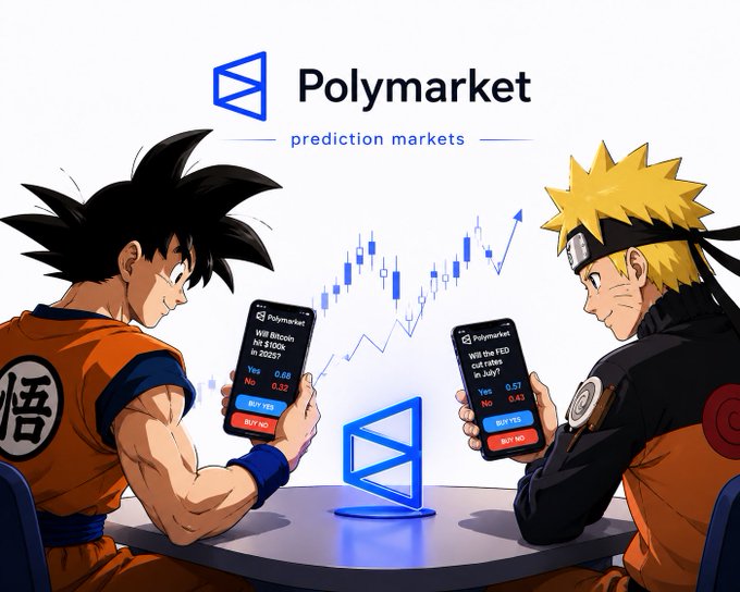 An anime-style promotional image for Polymarket prediction markets, depicting Dragon Ball characters Goku and Naruto each holding smartphones with trading interfaces and a candlestick chart between them.
