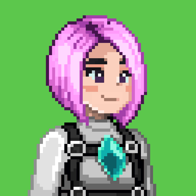 A pixel art illustration of a character with pink hair and purple eyes wearing a white, black, and teal outfit against a bright green background.