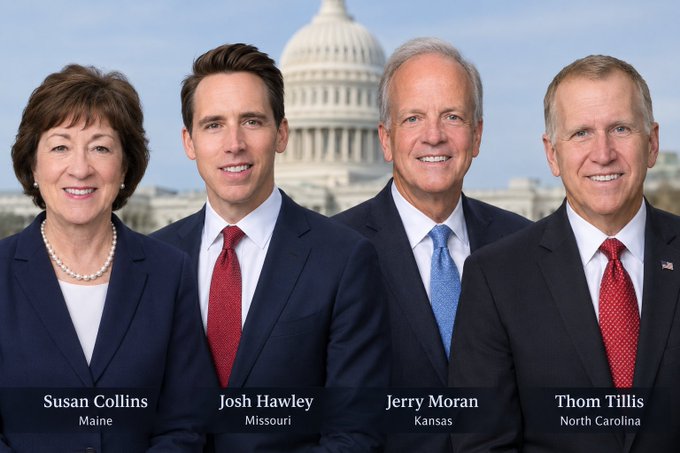 The image shows official portraits of four U.S. senators—Susan Collins (Maine), Josh Hawley (Missouri), Jerry Moran (Kansas), and Thom Tillis (North Carolina)—set against the U.S. Capitol backdrop, illustrating the four Republican senators listed in the post as having voted "no."