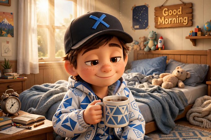 An illustrated cartoon of a smiling boy in a blue cap and patterned hoodie holding a mug, standing in a cozy bedroom with a 'Good Morning' sign on the wall.