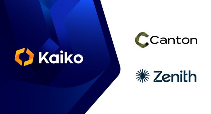 The image features the Kaiko logo alongside the Canton and Zenith logos, visually representing Kaiko's new partnership with these platforms. It accompanies the announcement of Kaiko deploying its Data On-Ramp oracle on Zenith, marking the first institutional-grade oracle available there for EVM developers.