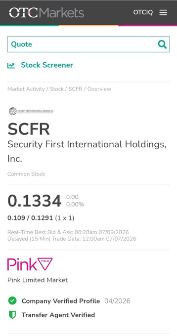 A mobile screenshot of OTC Markets showing stock quote details for ticker "SCFR" — Security First International Holdings, Inc., trading at 0.1334 on the Pink Limited Market, with Company Verified and Transfer Agent Verified badges.