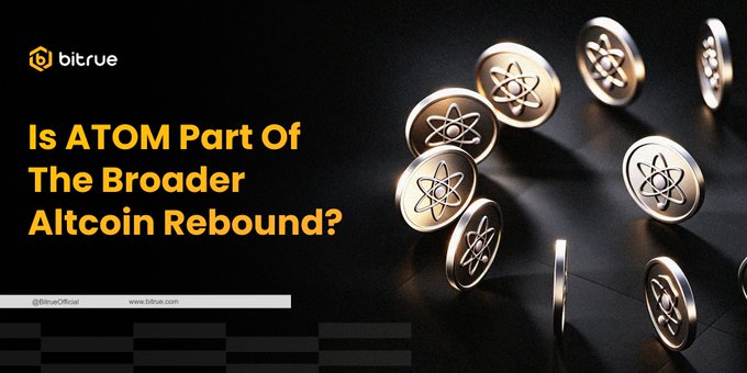 A Bitrue promotional banner with the headline "Is ATOM Part Of The Broader Altcoin Rebound?" alongside golden Cosmos (ATOM) coins featuring the atom logo, reinforcing the post's message about ATOM's role in the altcoin recovery and Bitrue's 17% APR staking offer.