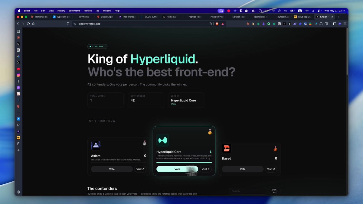 The image shows a computer screen displaying a webpage about a game called "King of Hyperliquid", which appears to be a multiplayer game with multiple players. The website has a rating system, allowing users to rate games based on their quality or enjoyment. There are several options available for players to choose from and the post suggests that it is open for voting, possibly to determine the best front-end design or feature of the game.