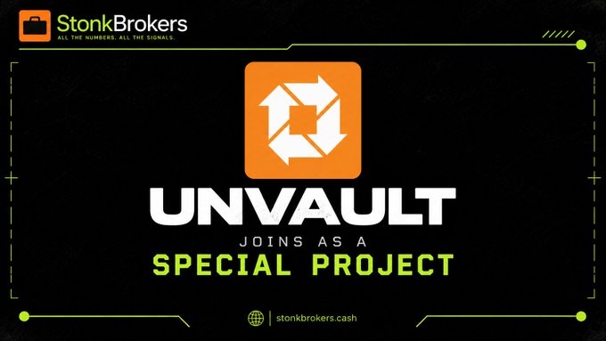 A promotional graphic for StonkBrokers announcing 'UNVAULT JOINS AS A SPECIAL PROJECT' with the stonkbrokers.cash URL.