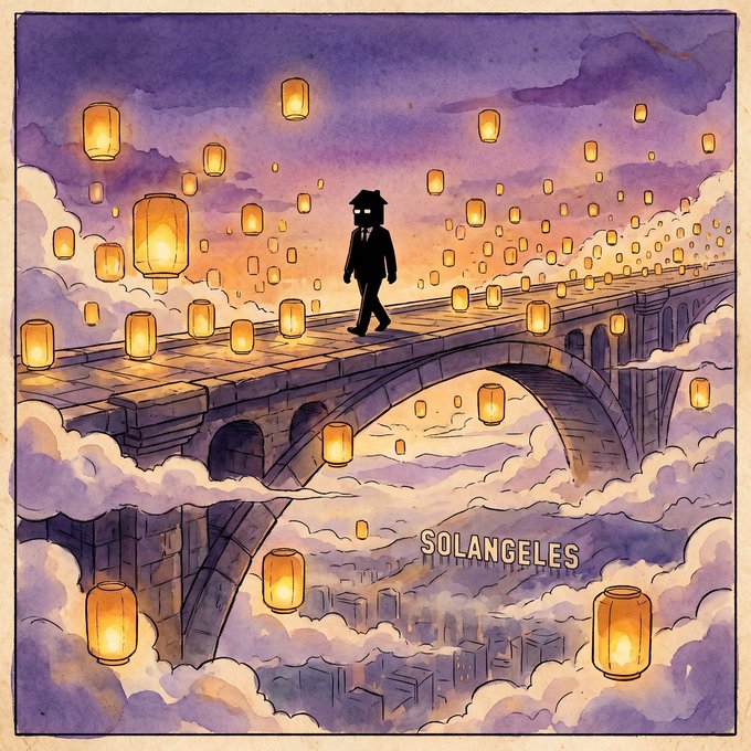 A silhouetted figure in a suit walks across a stone bridge above a city, surrounded by floating lanterns against a purple and orange sky, with the text "SOLANGELES" displayed prominently. The image serves as artwork for the "$SOLANGELES" airdrop promotion, evoking a cinematic, dreamy cityscape that aligns with the post's call to reward active community members.