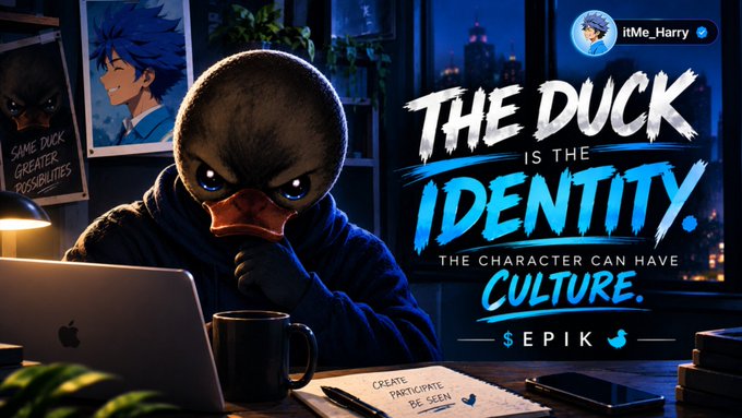 An anthropomorphic duck in a hoodie works at a laptop alongside the bold text "THE DUCK IS THE IDENTITY" and "THE CHARACTER CAN HAVE CULTURE," with the $EPIK ticker and @itMe_Harry handle visible, visually reinforcing the post's argument that $EPIK's cultural appeal lies in its simple, recognizable mascot rather than complex crypto narratives.