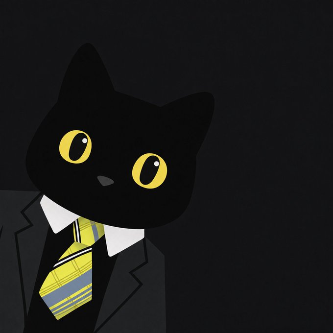 A minimalist illustration of a black cat with bright yellow eyes wearing a dark suit jacket, white collared shirt, and a yellow and black striped tie. The sleek, suit-clad feline embodies a polished, "gentleman" aesthetic that fits the post's appreciative tone about the stylish imagery.