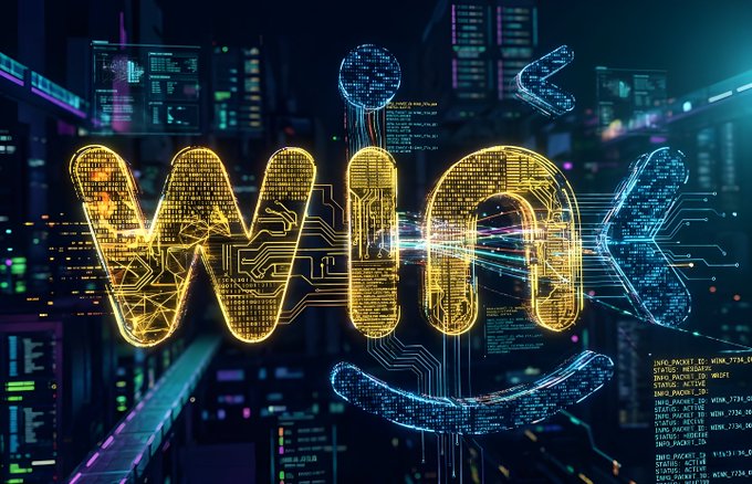 A glowing, futuristic neon logo spells out "WINk" in golden and blue wireframe text, surrounded by streams of digital code and data flowing through a high-tech cyberpunk cityscape backdrop.

The image visually reinforces the post by depicting the "WINk" brand as a sophisticated on-chain data provider, with the surrounding digital code and glowing circuitry symbolizing the real-time market intelligence and analytics being supplied to AI agents.