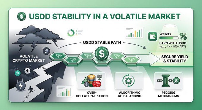 The image is an infographic titled "USDD STABILITY IN A VOLATILE MARKET," illustrating how USDD maintains stability amidst crypto volatility through features like Over-Collateralization, Algorithmic Re-Balancing, and Pegging Mechanisms, while offering a "Secure Yield & Stability" with 4%-8% APY, contrasting a turbulent crypto market on the left with USDD's stable path leading to wallet earnings.