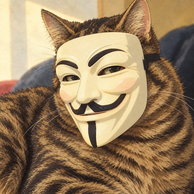 An illustration of a tabby cat wearing a classic white Guy Fawkes mask with black mustache and goatee, sitting indoors against a blurred background.