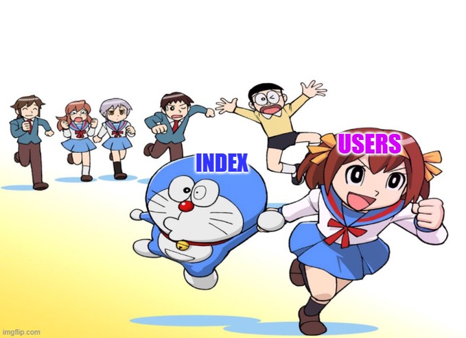 A meme featuring Doraemon and other anime characters running forward, with text labeling Doraemon as 'INDEX' and a leading schoolgirl character as 'USERS', alongside the watermark 'imgflip.com'.
