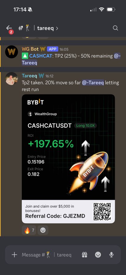 A Discord chat in #tareeq channel shows a celebratory post from Tareeq announcing "Tp2 taken. 20% move so far," accompanied by a BYBIT trade card highlighting a +197.65% ROI on CASHCATUSDT (TP2 25%, 50% remaining) with a referral code GJEZMD, exemplifying the successful trading calls referenced in the post about "the gang putting on a clinic in @WealthGroup."