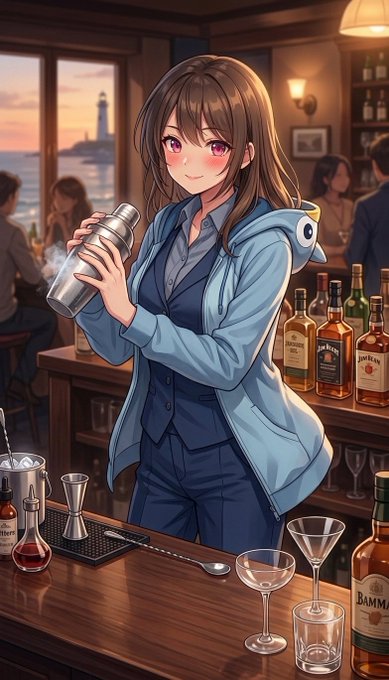 An anime-style illustration of a young woman with brown hair holding a cocktail shaker behind a bar, with liquor bottles and glasses in the foreground and a seaside sunset view in the background.