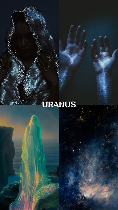 A four-panel artistic collage themed around Uranus displays a hooded figure with textured hands, glowing palms, a flowing green veil-like figure on a cliff, and a starry galaxy.