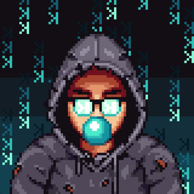 A pixel art portrait depicts a hooded figure with glowing blue eyes and a matching blue nose ring, set against a dark background with cascading digital data streams.