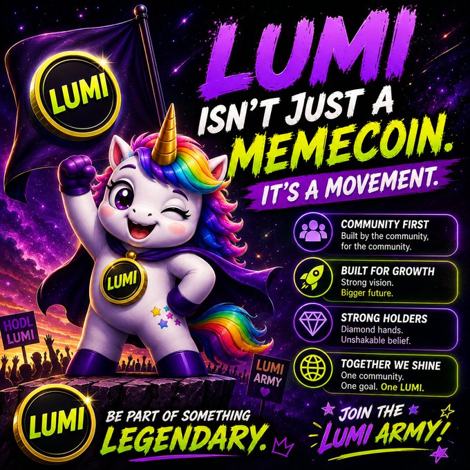 A promotional graphic for 'LUMI' cryptocurrency featuring a colorful unicorn mascot, claiming it isn't just a memecoin but a movement with community-first principles, strong holders, and a 'Lumi Army'.