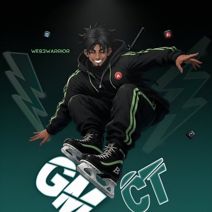 An anime-style illustration labeled 'WEB3WARRIOR' shows a smiling character with black hair, a black and green tracksuit, a sword on their back, and ice skates, leaping above the word 'GMI' and 'CT' with floating crypto app icons.