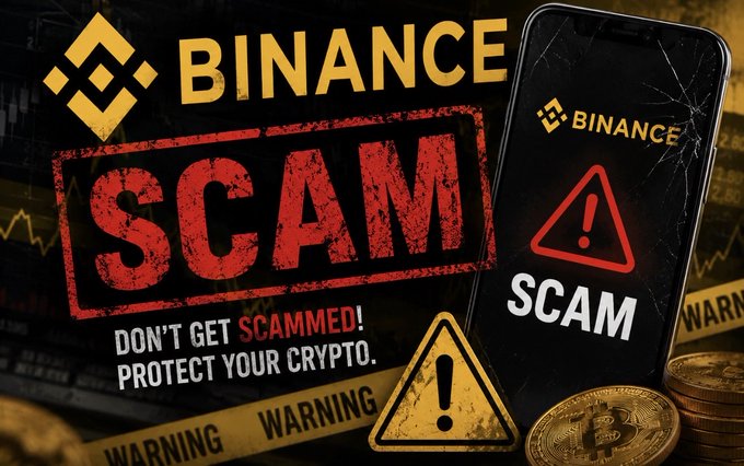 A warning graphic features the Binance logo, a cracked smartphone displaying a 'SCAM' warning, and text reading 'DON'T GET SCAMMED! PROTECT YOUR CRYPTO.'