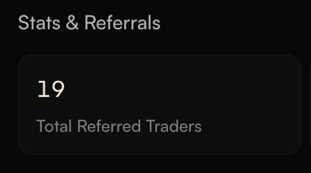 A dark-themed UI screenshot showing 'Stats & Referrals' with '19 Total Referred Traders' displayed.
