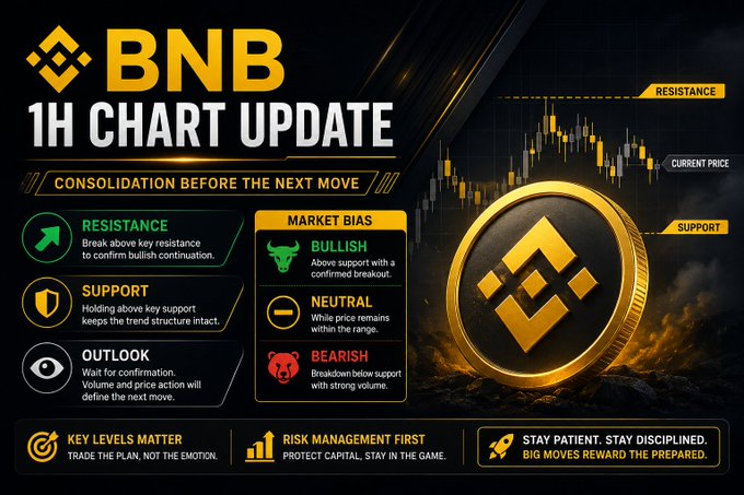 A cryptocurrency chart update for 'BNB 1H CHART UPDATE' displaying bullish/neutral/bearish market bias, with resistance and support levels marked on a candlestick chart alongside a gold BNB coin graphic.