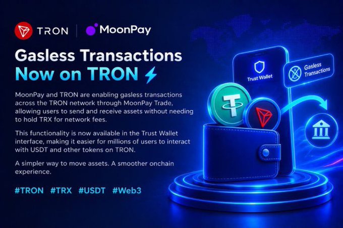 Promotional graphic for TRON and MoonPay announcing 'Gasless Transactions Now on TRON' with hashtags #TRON #TRX #USDT #Web3, showing a digital wallet with USDT and TRON coins flowing into a Trust Wallet interface.