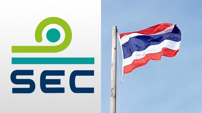 A split image shows the logo of Thailand's Securities and Exchange Commission (SEC) on the left alongside the Thai national flag waving against a blue sky on the right, visually representing the Thai financial regulator issuing new cryptocurrency Travel Rule regulations effective February 27, 2027.