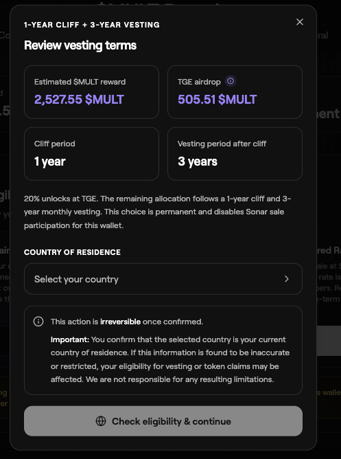 A pop-up modal titled "1-YEAR CLIFF + 3-YEAR VESTING" displays the review of vesting terms for the Multipli ($MULT) ICO on Echo, showing an estimated $MULT reward of 2,527.55 and a TGE airdrop of 505.51 $MULT, with a 1-year cliff and 3-year monthly vesting schedule. The image illustrates the airdrop claim option mentioned in the post, where 20% unlocks at TGE with the remainder following the vesting structure, alongside a country of residence selection required to proceed.