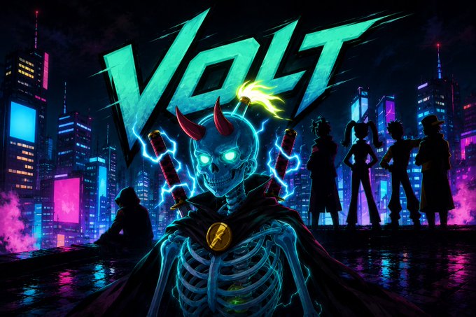 A vibrant neon cyberpunk-style illustration featuring a skeleton with glowing blue eyes and red horns beneath the stylized text "VOLT," set against a futuristic rainy cityscape with silhouetted figures.