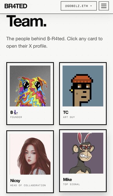 Team page for BR4TED showing four team members: B (Founder) with a colorful dripping skull, TC (Art Guy) with a pixel art character, Nicsy (Head of Collaboration), and Mike (Top Signal) with a monkey.
