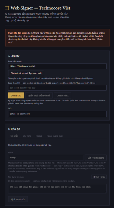 A screenshot of a Vietnamese web server configuration page titled 'Web Signer — Technocore Việt' showing fields for base URL, seed derivation, and key/gilt identity setup with the hostname 'lobby'.
