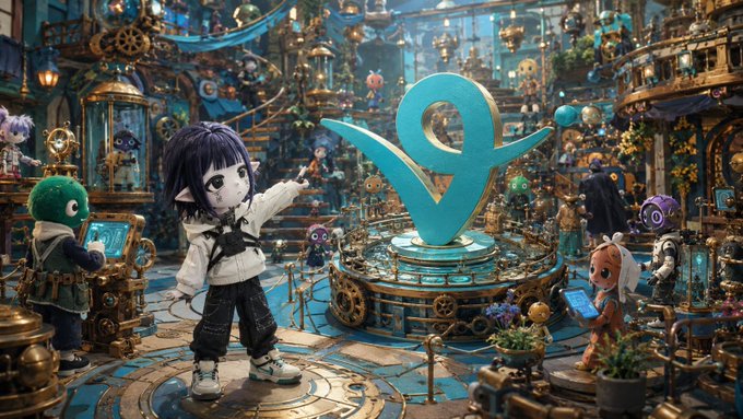 A stylized illustration of a pale, anime-style character with pointed ears and dark hair standing next to a large, glowing turquoise logo in a cluttered, steampunk-inspired setting.